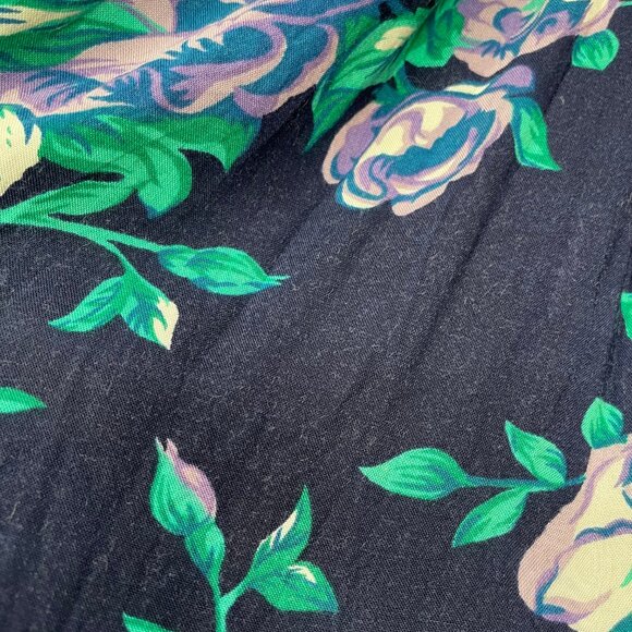 Vintage 90s Dress Floral Navy Blue Basque Waist Momcore Midi Rayon High Neck - Picture 8 of 16